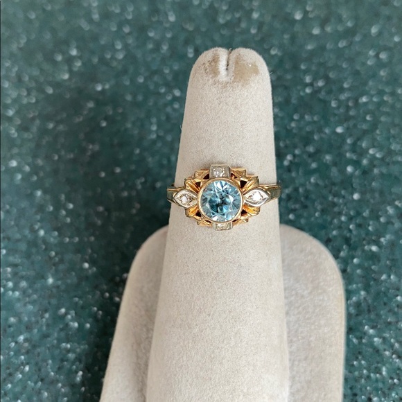 14K Blue Zircon Ring with Diamonds - Picture 7 of 8